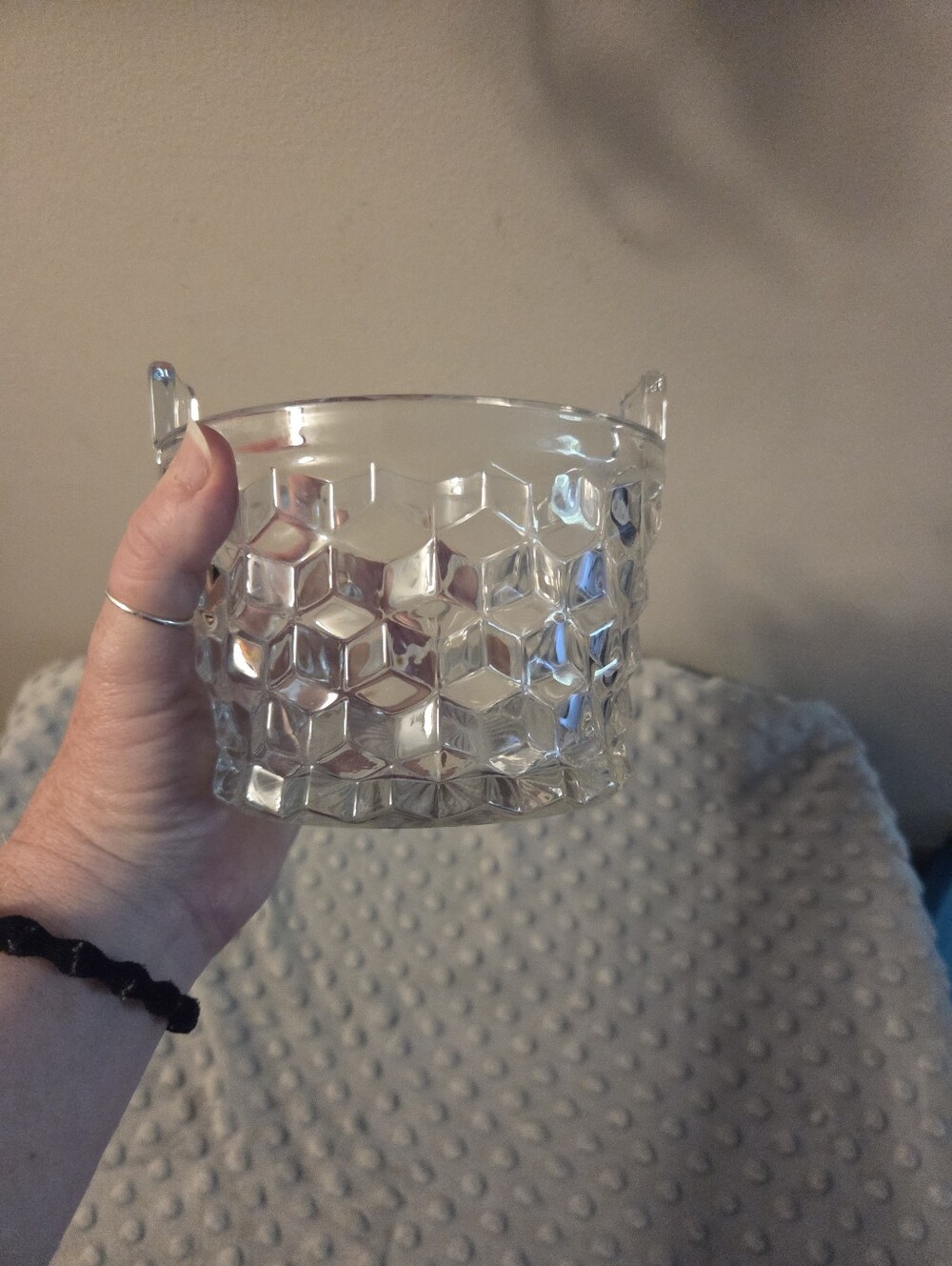 Fostoria Glass American Cubist Round Clear ICE BUCKET w/Tab Handles